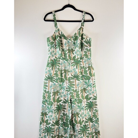 Boden Womens Jumpsuit Green Lola Palm Forest Linen V Neck Smocked Boho 8T Tall - Picture 2 of 10